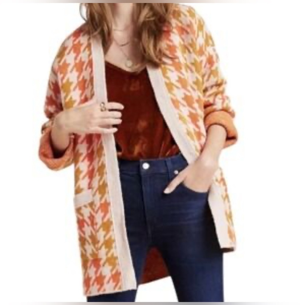 Anthropologie Orange & Cream Houndstooth Open Cardigan